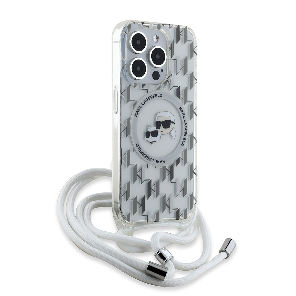 Husa MagSafe pentru Apple iPhone 15 Pro Max, Karl Lagerfeld, IML Crossbody Monogram Karl & Choupette's Heads, Transparenta