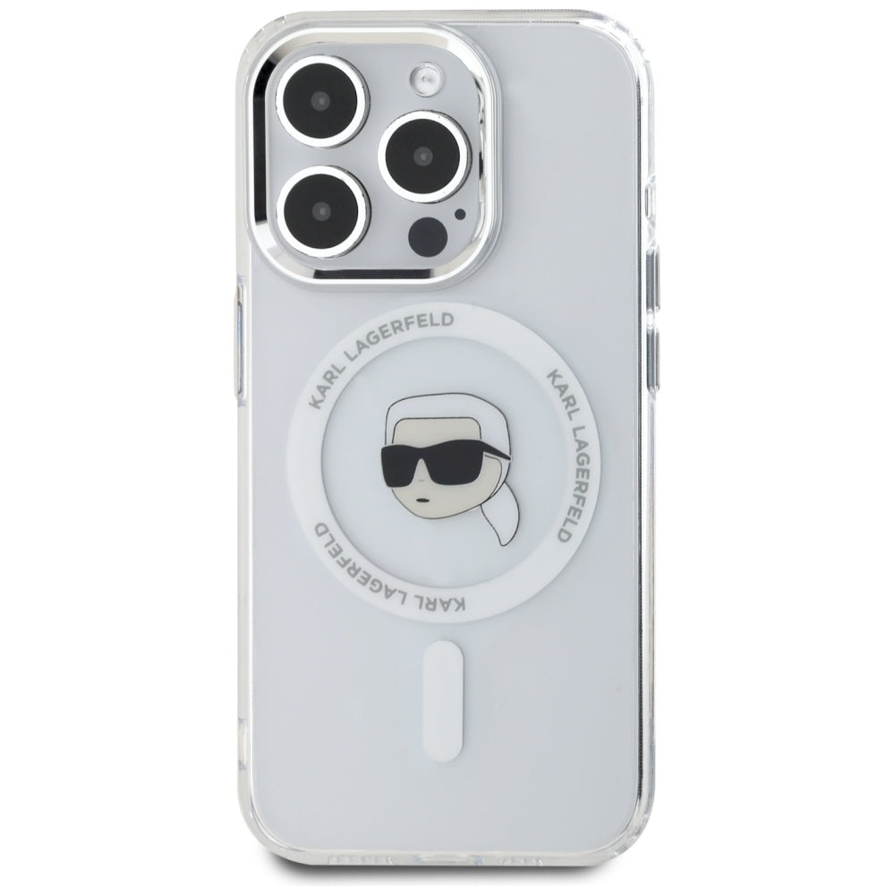 Husa MagSafe pentru Apple iPhone 15 Pro Max, Karl Lagerfeld, IML Metal Karl's Head, Alba