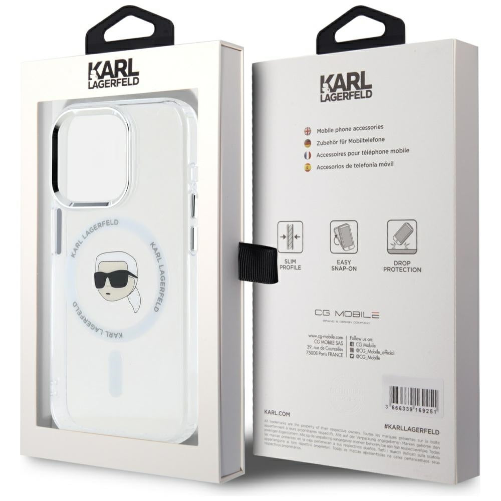 Husa MagSafe pentru Apple iPhone 15 Pro Max, Karl Lagerfeld, IML Metal Karl's Head, Alba