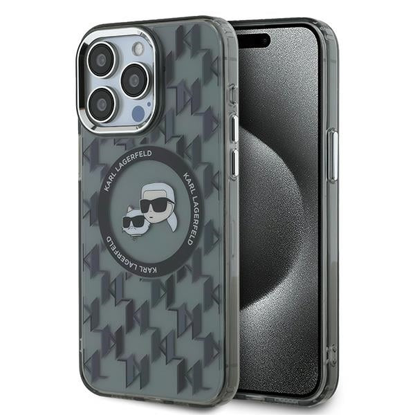 Husa MagSafe pentru Apple iPhone 15 Pro Max, Karl Lagerfeld, IML Monogram Karl & Choupette's Heads, Neagra
