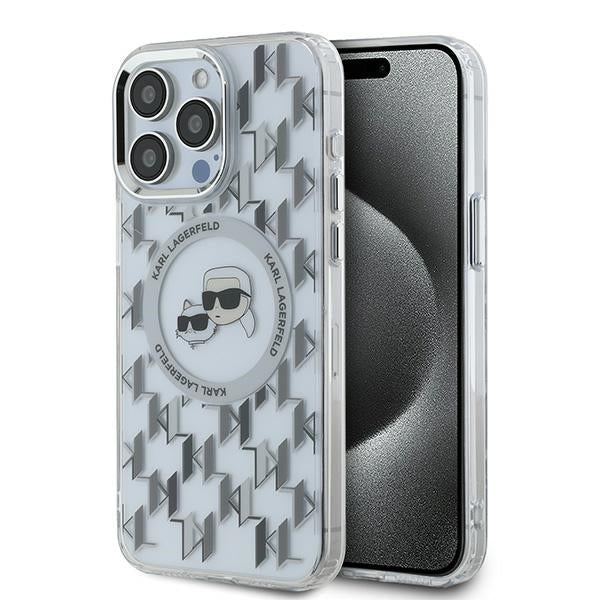 Husa MagSafe pentru Apple iPhone 15 Pro Max, Karl Lagerfeld, IML Monogram Karl & Choupette's Heads, Transparenta