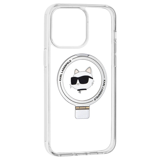 Husa MagSafe pentru Apple iPhone 15 Pro Max, Karl Lagerfeld, Ring Stand Choupette's Head, Alba