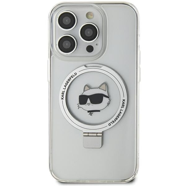Husa MagSafe pentru Apple iPhone 15 Pro Max, Karl Lagerfeld, Ring Stand Choupette's Head, Alba