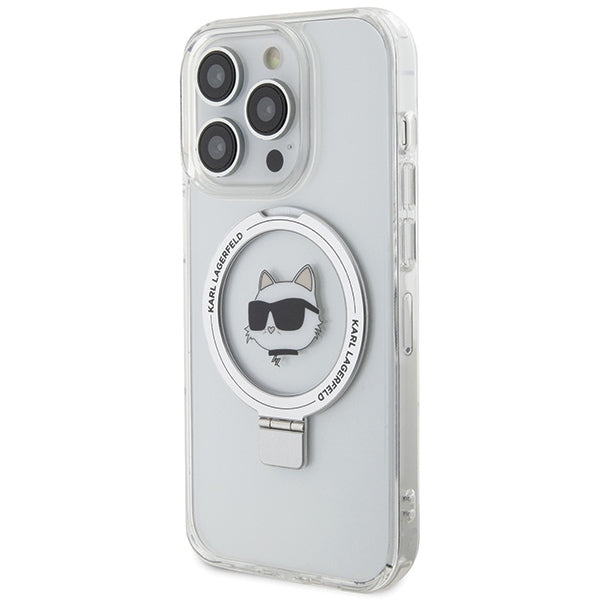 Husa MagSafe pentru Apple iPhone 15 Pro Max, Karl Lagerfeld, Ring Stand Choupette's Head, Alba