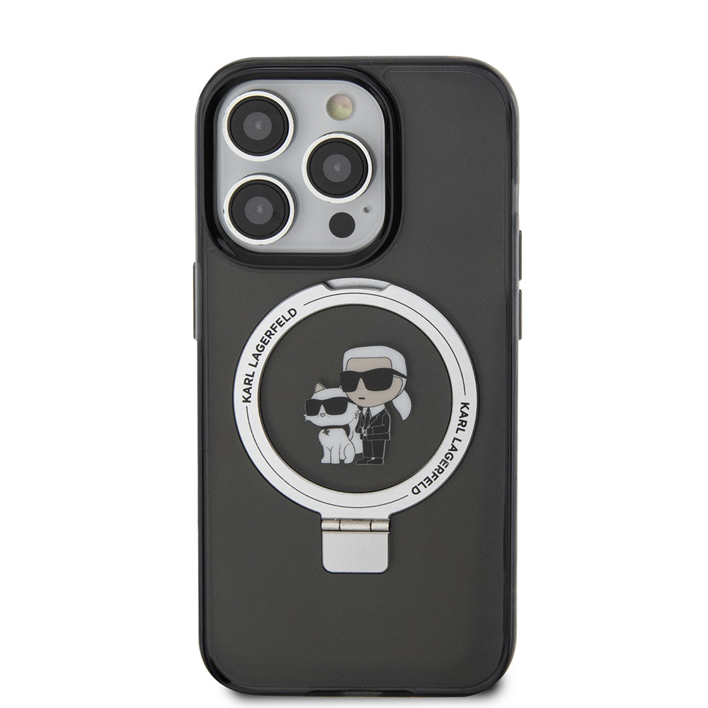 Husa MagSafe pentru Apple iPhone 15 Pro Max, Karl Lagerfeld, Ring Stand Karl & Choupette, Neagra