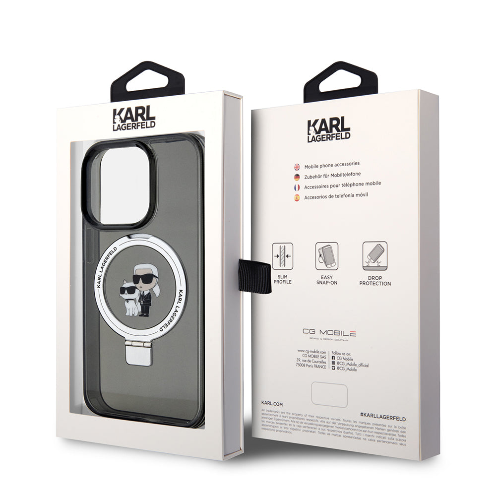 Husa MagSafe pentru Apple iPhone 15 Pro Max, Karl Lagerfeld, Ring Stand Karl & Choupette, Neagra