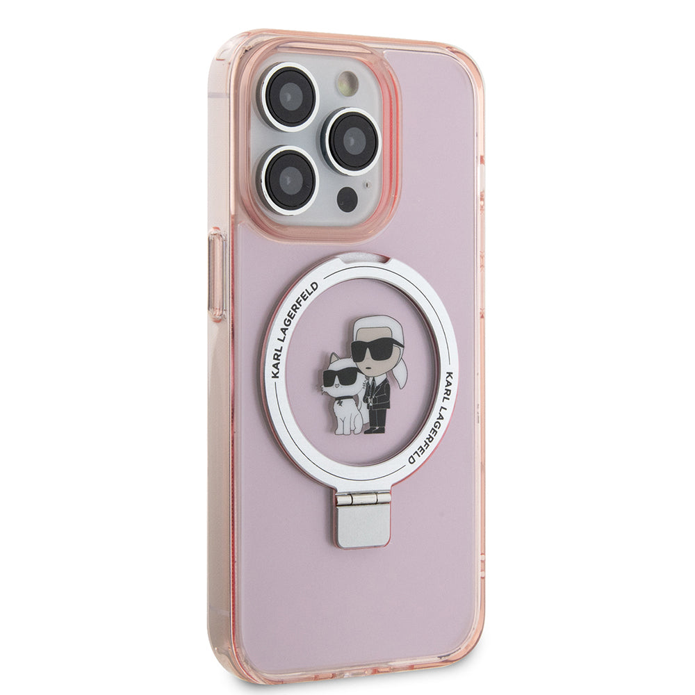 Husa MagSafe pentru Apple iPhone 15 Pro Max, Karl Lagerfeld, Ring Stand Karl & Choupette, Roz