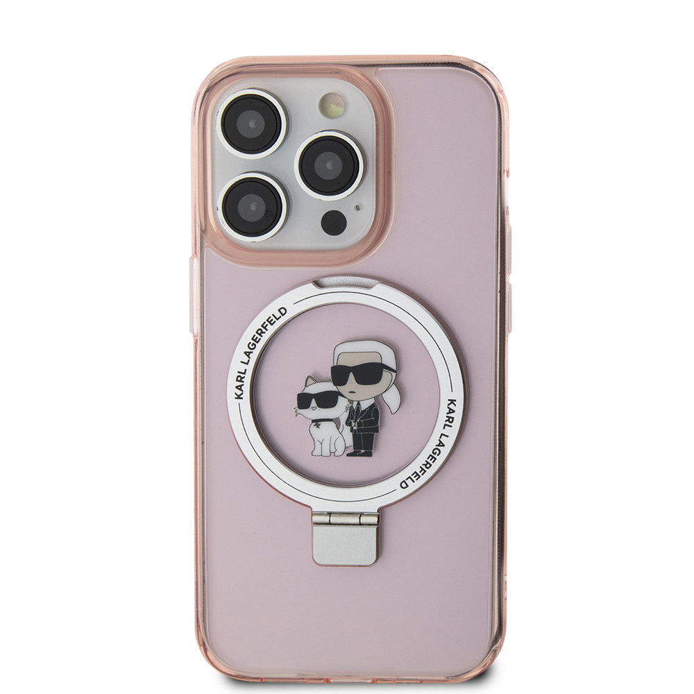 Husa MagSafe pentru Apple iPhone 15 Pro Max, Karl Lagerfeld, Ring Stand Karl & Choupette, Roz