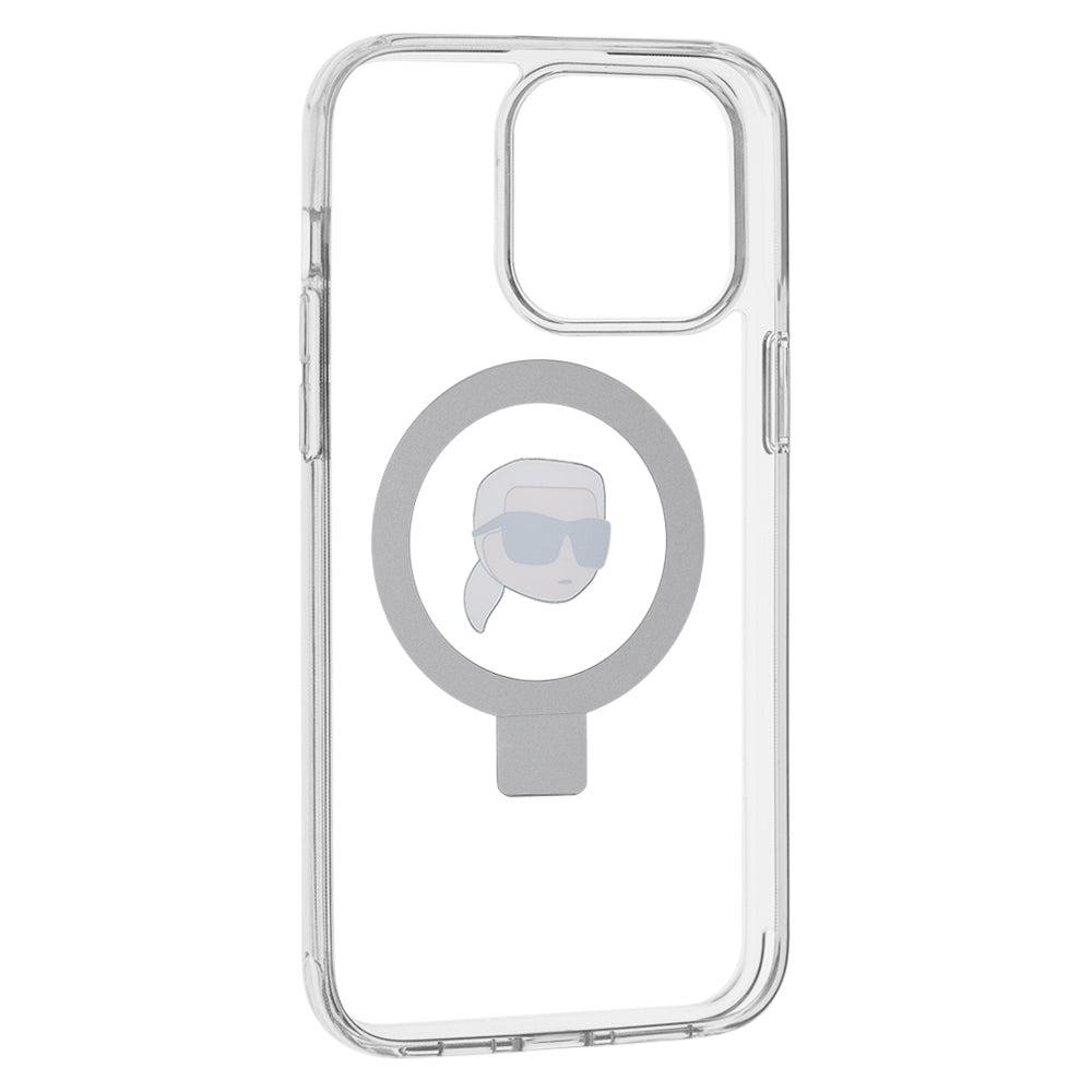 Husa MagSafe pentru Apple iPhone 15 Pro Max, Karl Lagerfeld, Ring Stand Karl's Head, Alba
