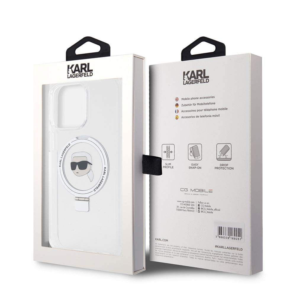 Husa MagSafe pentru Apple iPhone 15 Pro Max, Karl Lagerfeld, Ring Stand Karl's Head, Alba