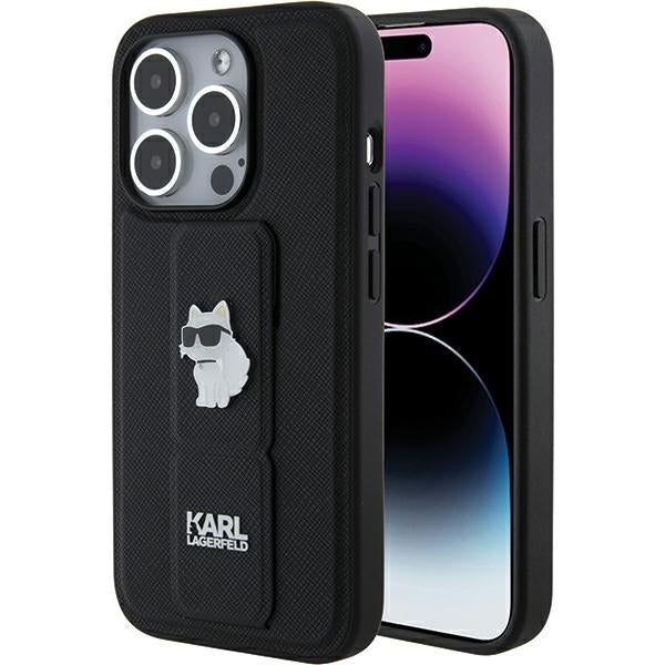 Husa MagSafe pentru Apple iPhone 15 Pro Max, Karl Lagerfeld, Saffiano Gripstand Choupette, Neagra
