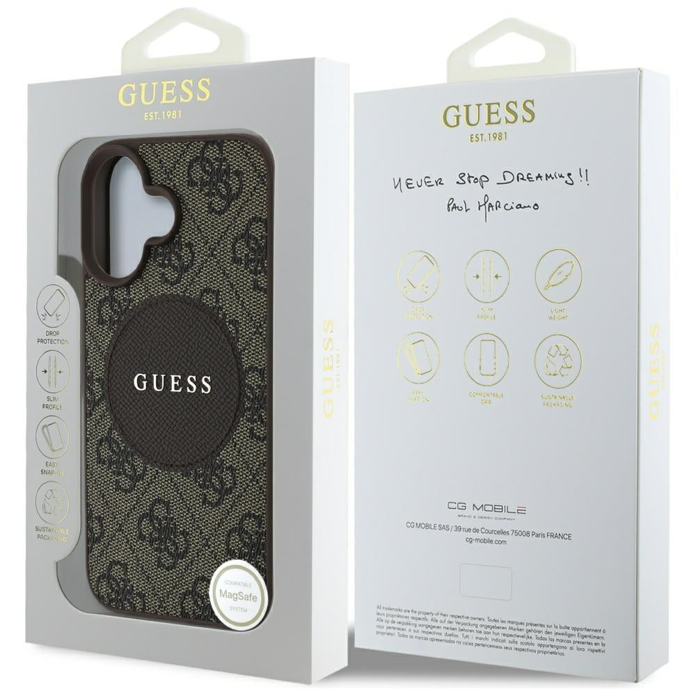 Husa MagSafe pentru Apple iPhone 16, Guess, 4G Circle Classic Logo, Maro