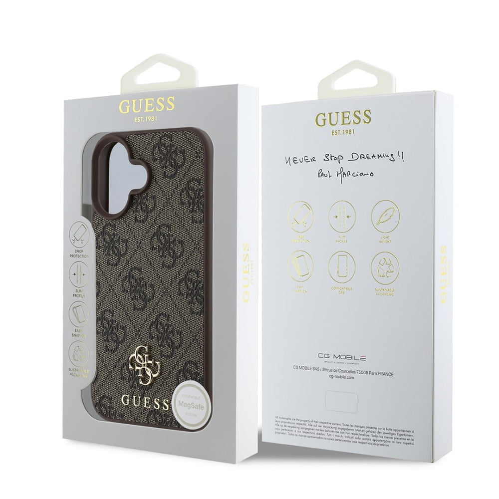 Husa MagSafe pentru Apple iPhone 16, Guess, 4G Classic, Maro
