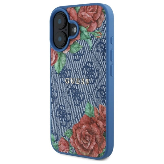 Husa MagSafe pentru Apple iPhone 16, Guess, 4G Flowers Print, Albastra