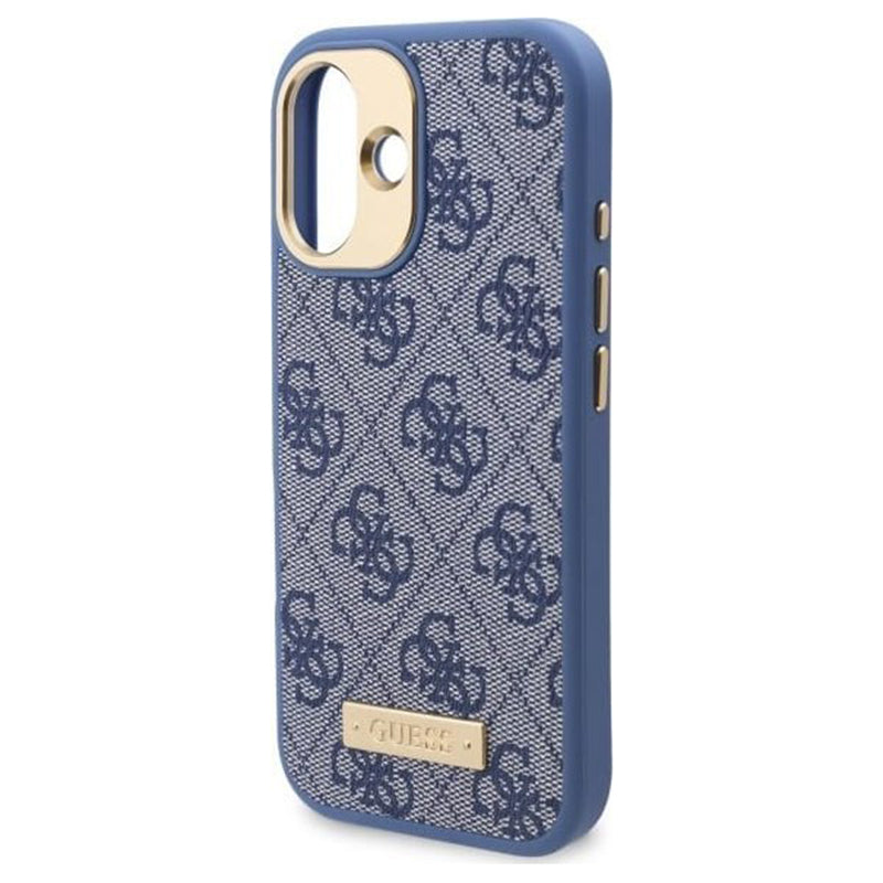Husa MagSafe pentru Apple iPhone 16, Guess, 4G Logo Plate, Albastra