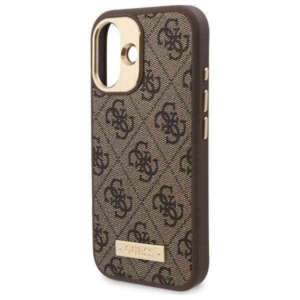 Husa MagSafe pentru Apple iPhone 16, Guess, 4G Logo Plate, Maro