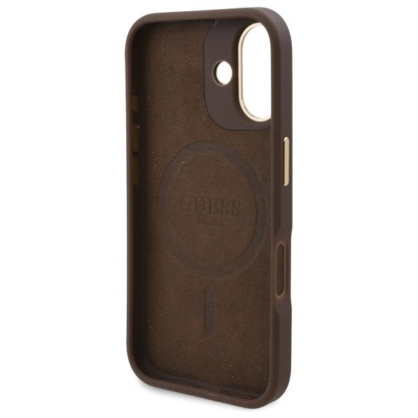 Husa MagSafe pentru Apple iPhone 16, Guess, 4G Logo Plate, Maro