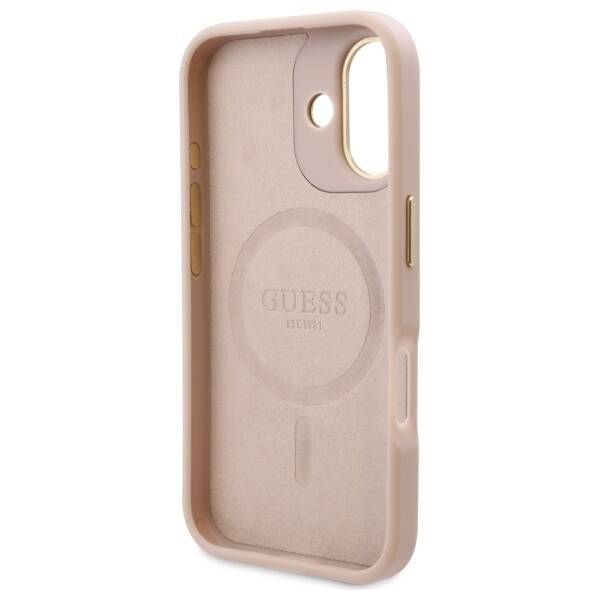 Husa MagSafe pentru Apple iPhone 16, Guess, 4G Logo Plate, Roz