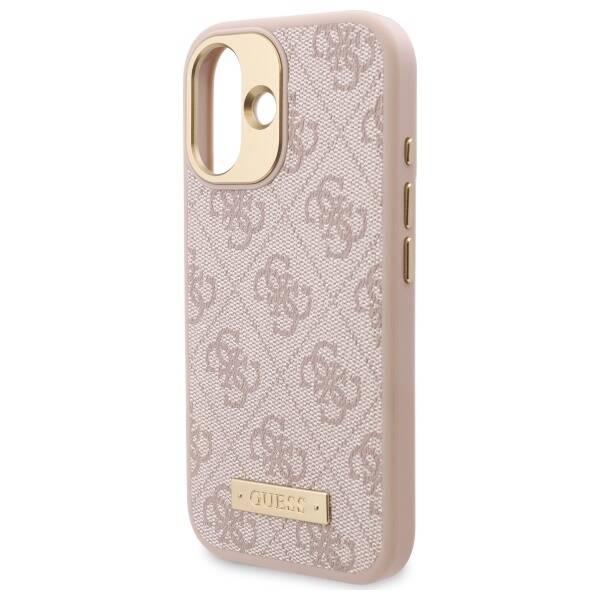 Husa MagSafe pentru Apple iPhone 16, Guess, 4G Logo Plate, Roz