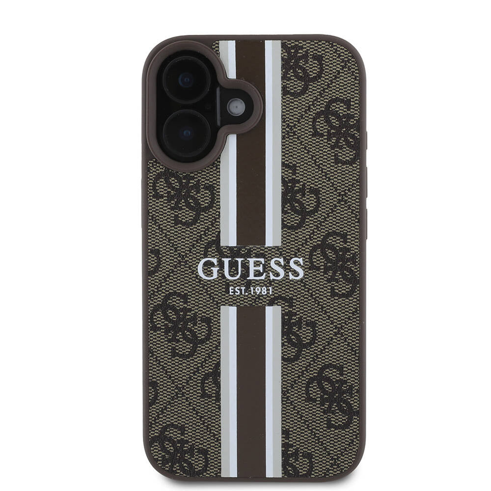 Husa MagSafe pentru Apple iPhone 16, Guess, 4G Printed Stripes, Maro