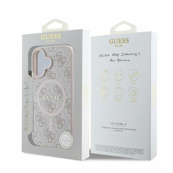 Husa MagSafe pentru Apple iPhone 16, Guess, 4G Ring Classic Logo, Roz