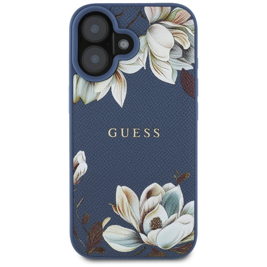 Husa MagSafe pentru Apple iPhone 16, Guess, Grained Flowers, Albastra