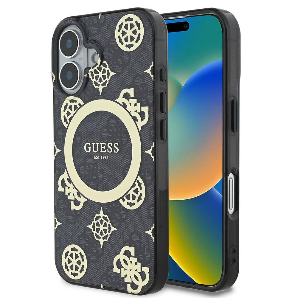 Husa MagSafe pentru Apple iPhone 16, Guess, IML 4G Peony, Neagra GUHMP16SH4PYEEK