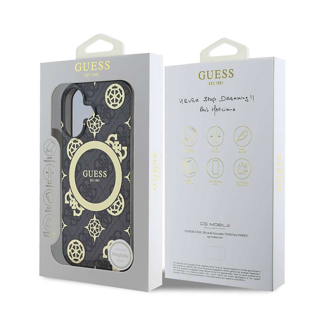 Husa MagSafe pentru Apple iPhone 16, Guess, IML 4G Peony, Neagra GUHMP16SH4PYEEK