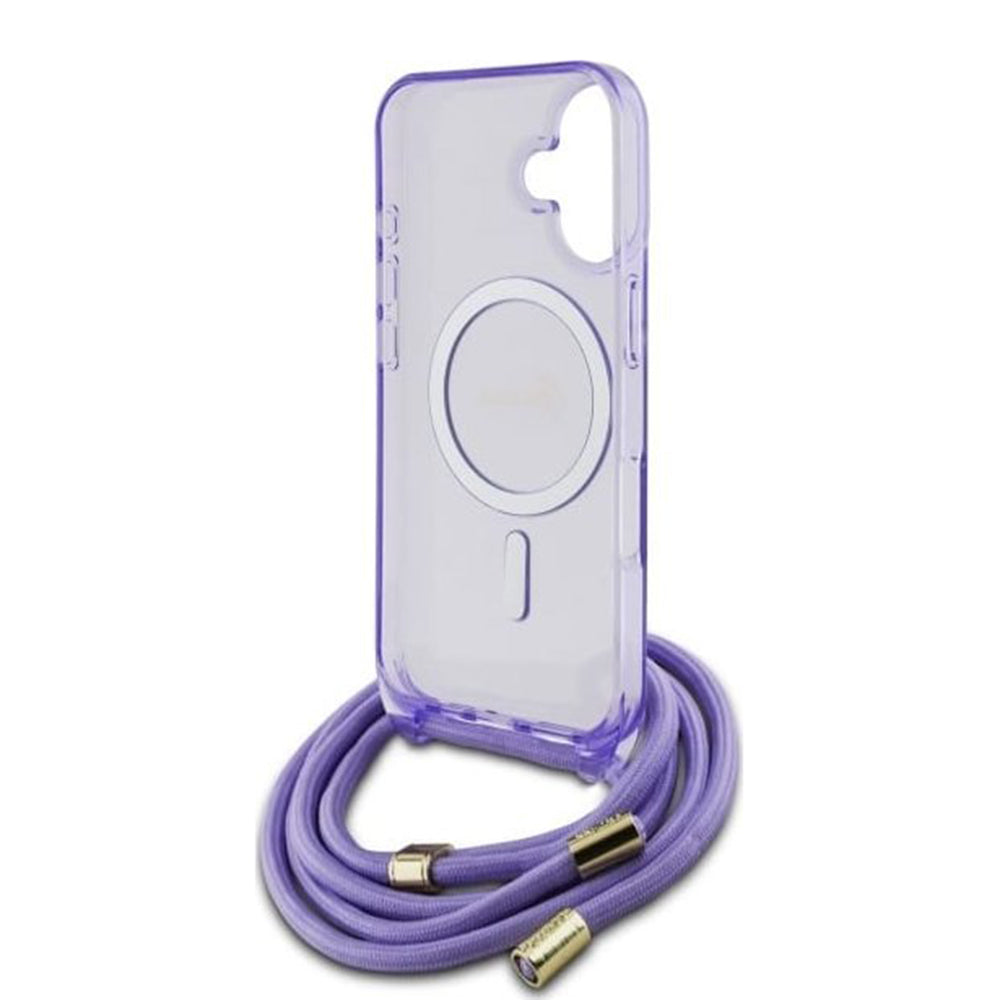 Husa MagSafe pentru Apple iPhone 16, Guess, IML Crossbody Cord Script, Mov