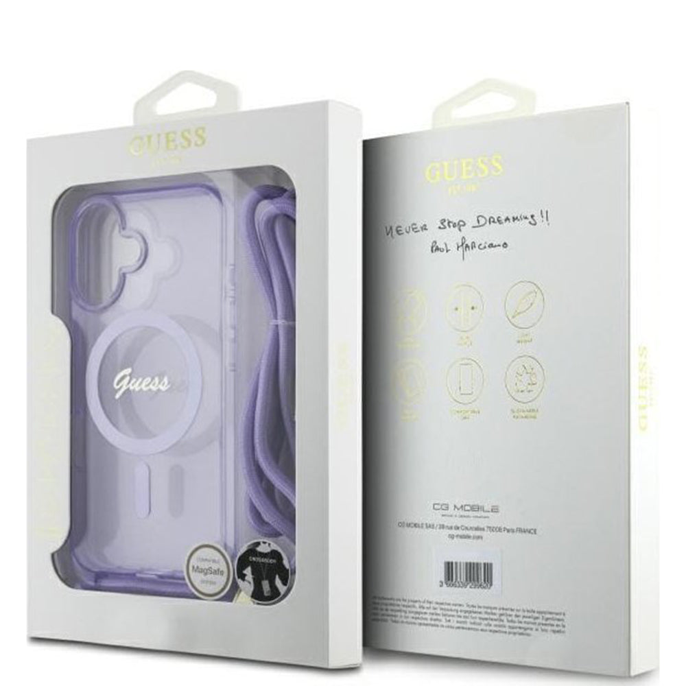 Husa MagSafe pentru Apple iPhone 16, Guess, IML Crossbody Cord Script, Mov