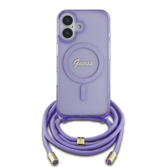 Husa MagSafe pentru Apple iPhone 16, Guess, IML Crossbody Cord Script, Roz