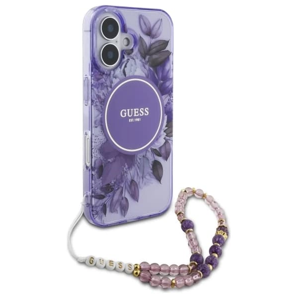 Husa MagSafe pentru Apple iPhone 16, Guess, IML Flowers with Pearl Strap, Mov