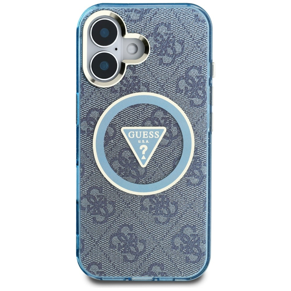 Husa MagSafe pentru Apple iPhone 16, Guess, IML Glitter 4G Circle Triangle, Albastra