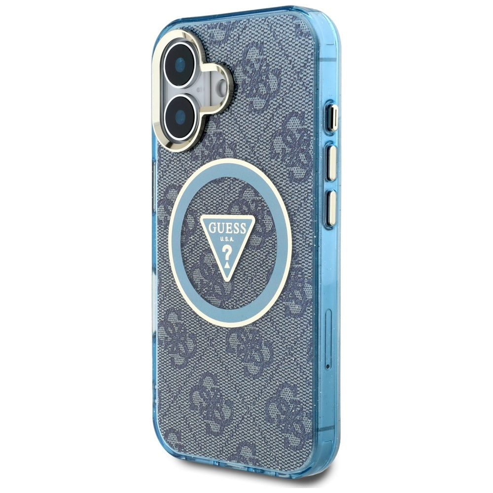 Husa MagSafe pentru Apple iPhone 16, Guess, IML Glitter 4G Circle Triangle, Albastra