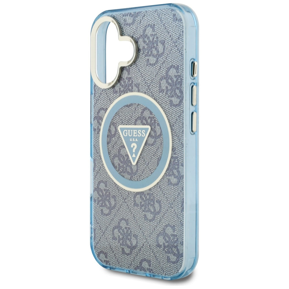 Husa MagSafe pentru Apple iPhone 16, Guess, IML Glitter 4G Circle Triangle, Albastra