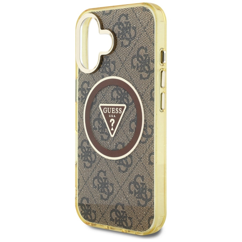 Husa MagSafe pentru Apple iPhone 16, Guess, IML Glitter 4G Circle Triangle, Maro