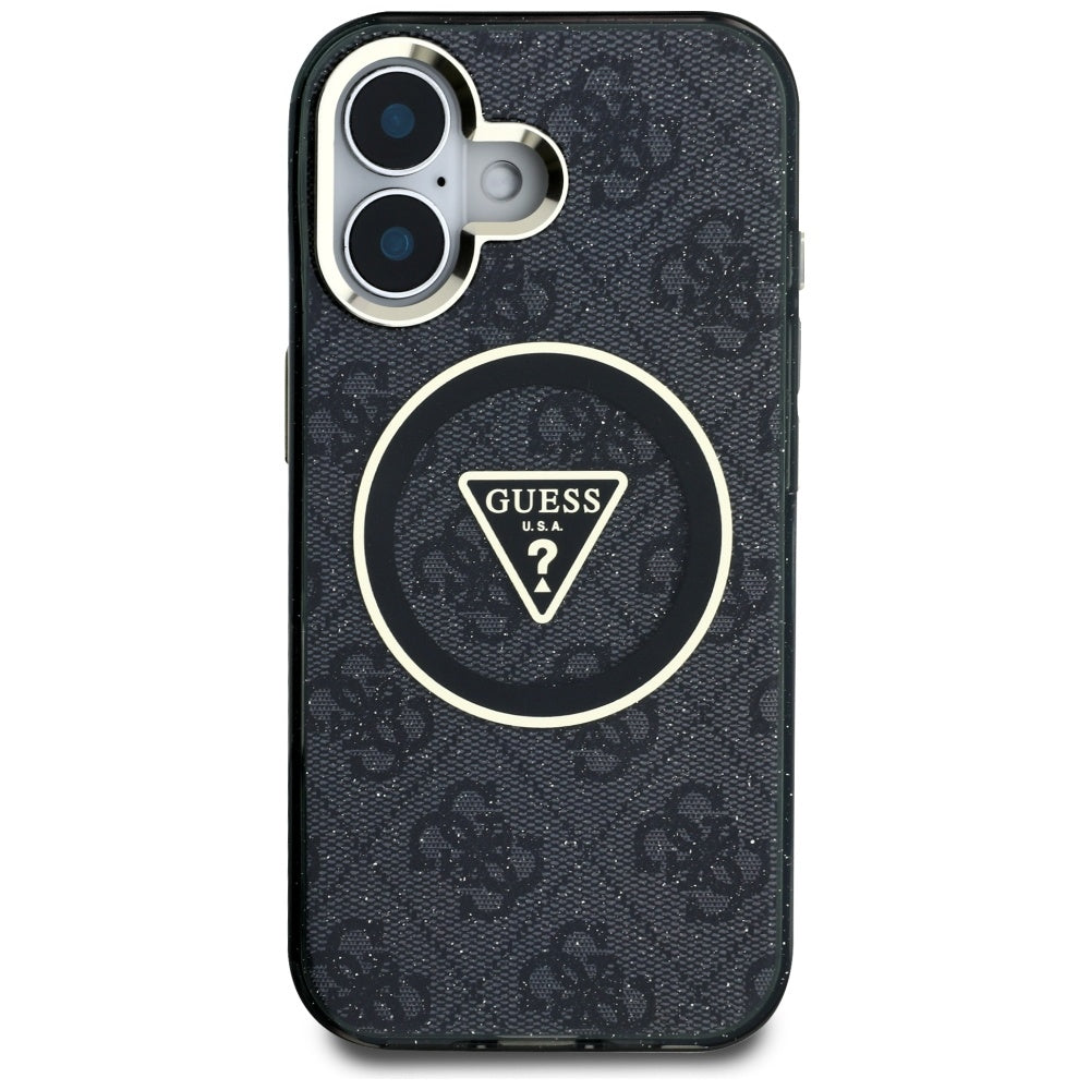 Husa MagSafe pentru Apple iPhone 16, Guess, IML Glitter 4G Circle Triangle, Neagra