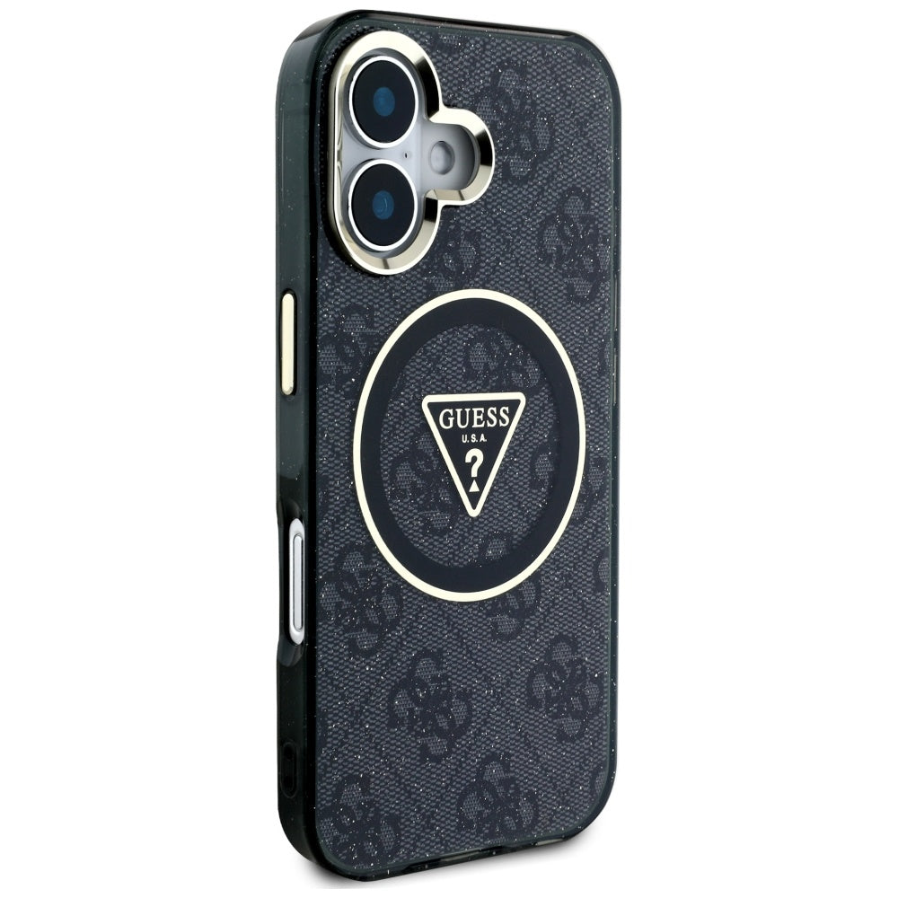 Husa MagSafe pentru Apple iPhone 16, Guess, IML Glitter 4G Circle Triangle, Neagra