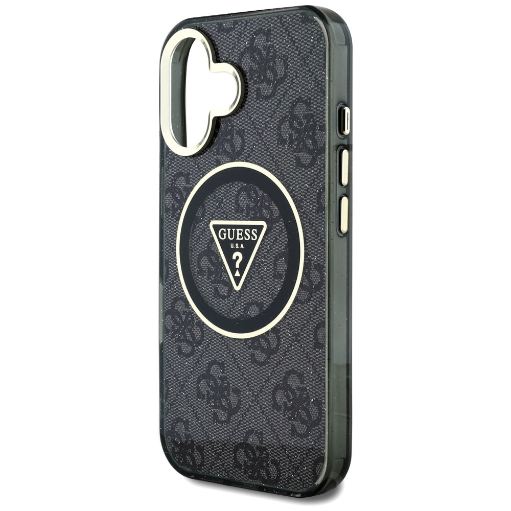 Husa MagSafe pentru Apple iPhone 16, Guess, IML Glitter 4G Circle Triangle, Neagra