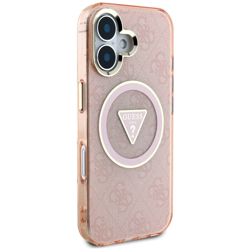 Husa MagSafe pentru Apple iPhone 16, Guess, IML Glitter 4G Circle Triangle, Roz