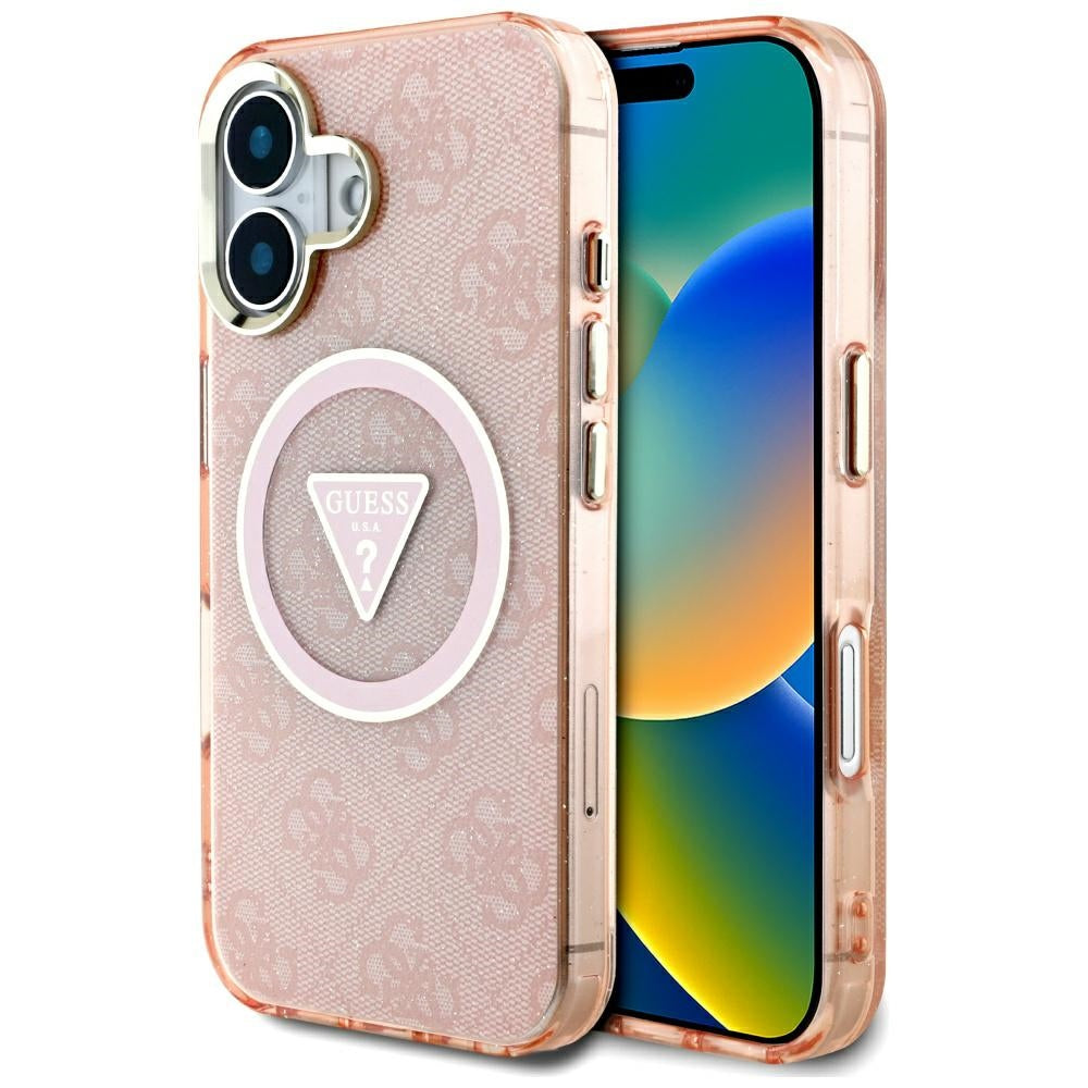 Husa MagSafe pentru Apple iPhone 16, Guess, IML Glitter 4G Circle Triangle, Roz