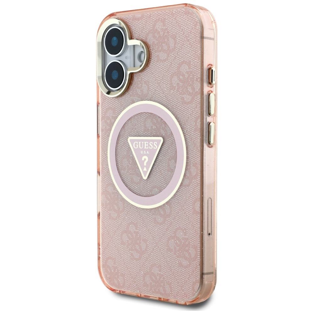 Husa MagSafe pentru Apple iPhone 16, Guess, IML Glitter 4G Circle Triangle, Roz