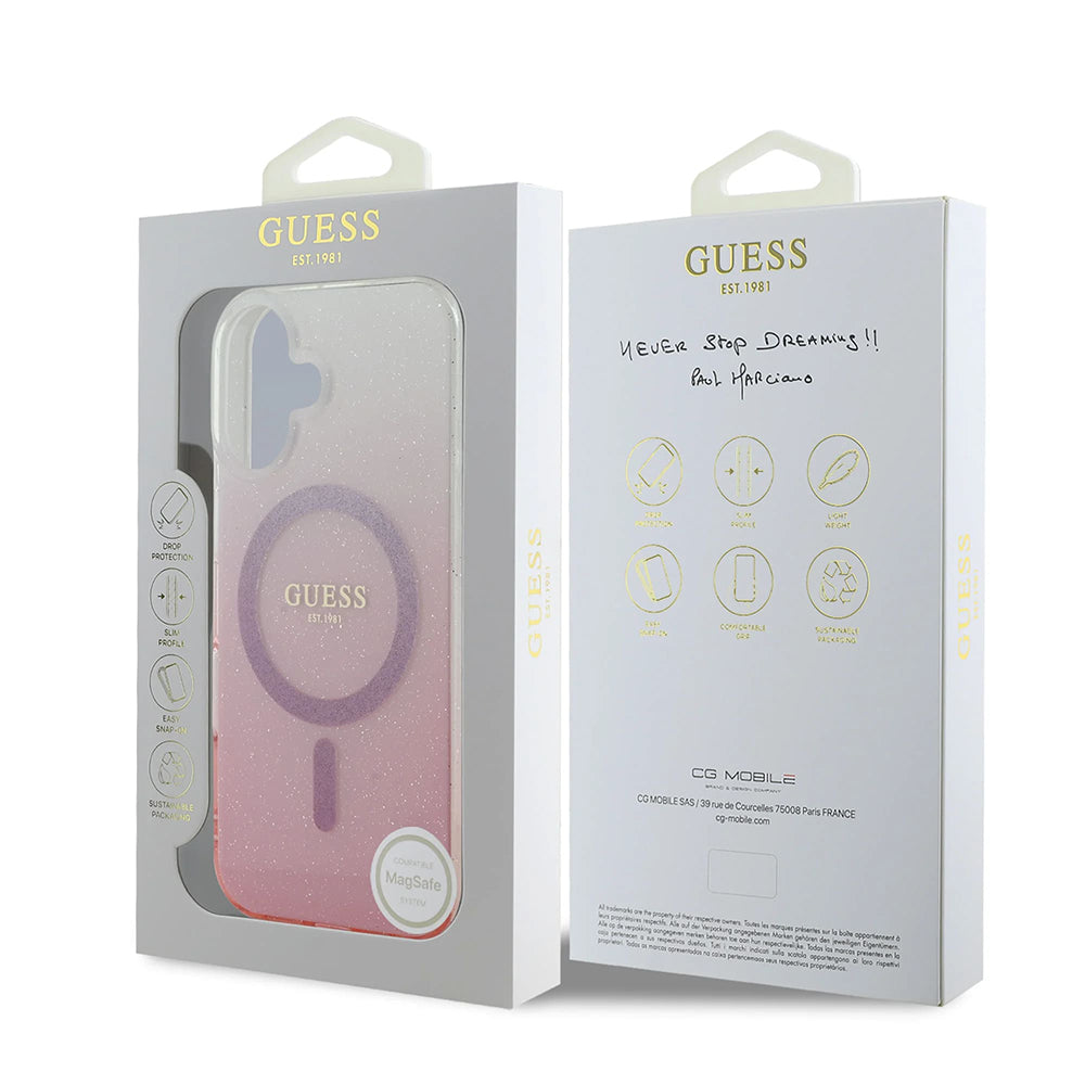 Husa MagSafe pentru Apple iPhone 16, Guess, IML Glitter Gradient, Roz