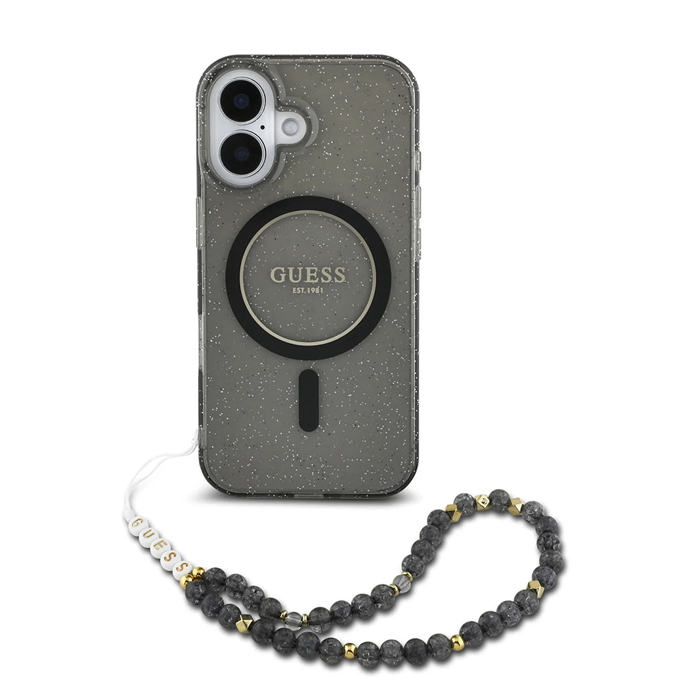 Husa MagSafe pentru Apple iPhone 16, Guess, IML Glitter with Pearl Strap, Neagra