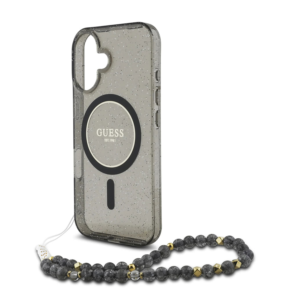Husa MagSafe pentru Apple iPhone 16, Guess, IML Glitter with Pearl Strap, Neagra
