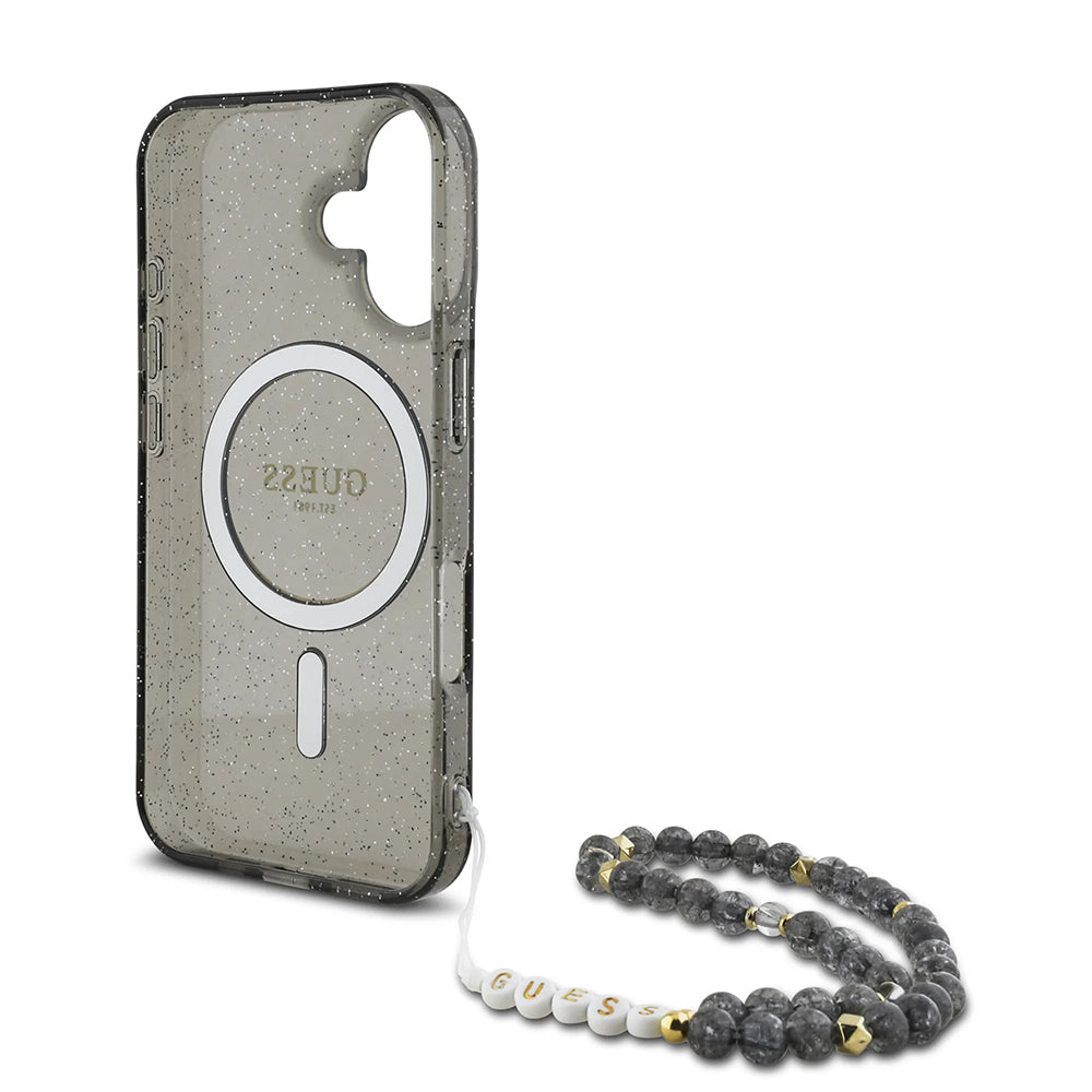 Husa MagSafe pentru Apple iPhone 16, Guess, IML Glitter with Pearl Strap, Neagra