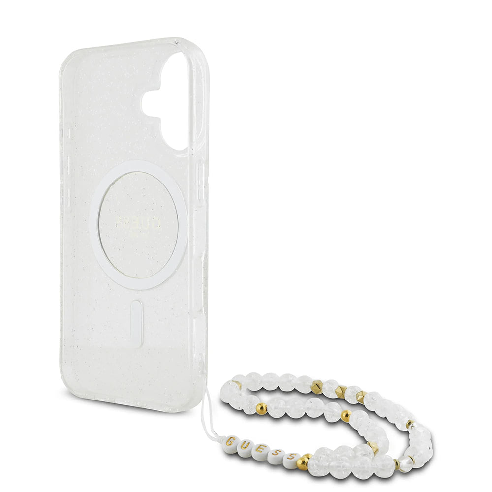 Husa MagSafe pentru Apple iPhone 16, Guess, IML Glitter with Pearl Strap, Transparenta