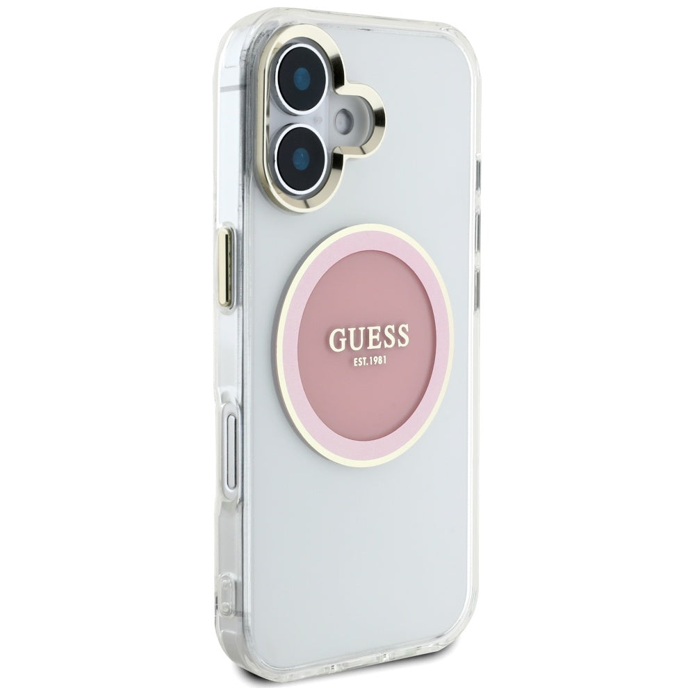 Husa MagSafe pentru Apple iPhone 16, Guess, IML Metal Colored Circle, Roz