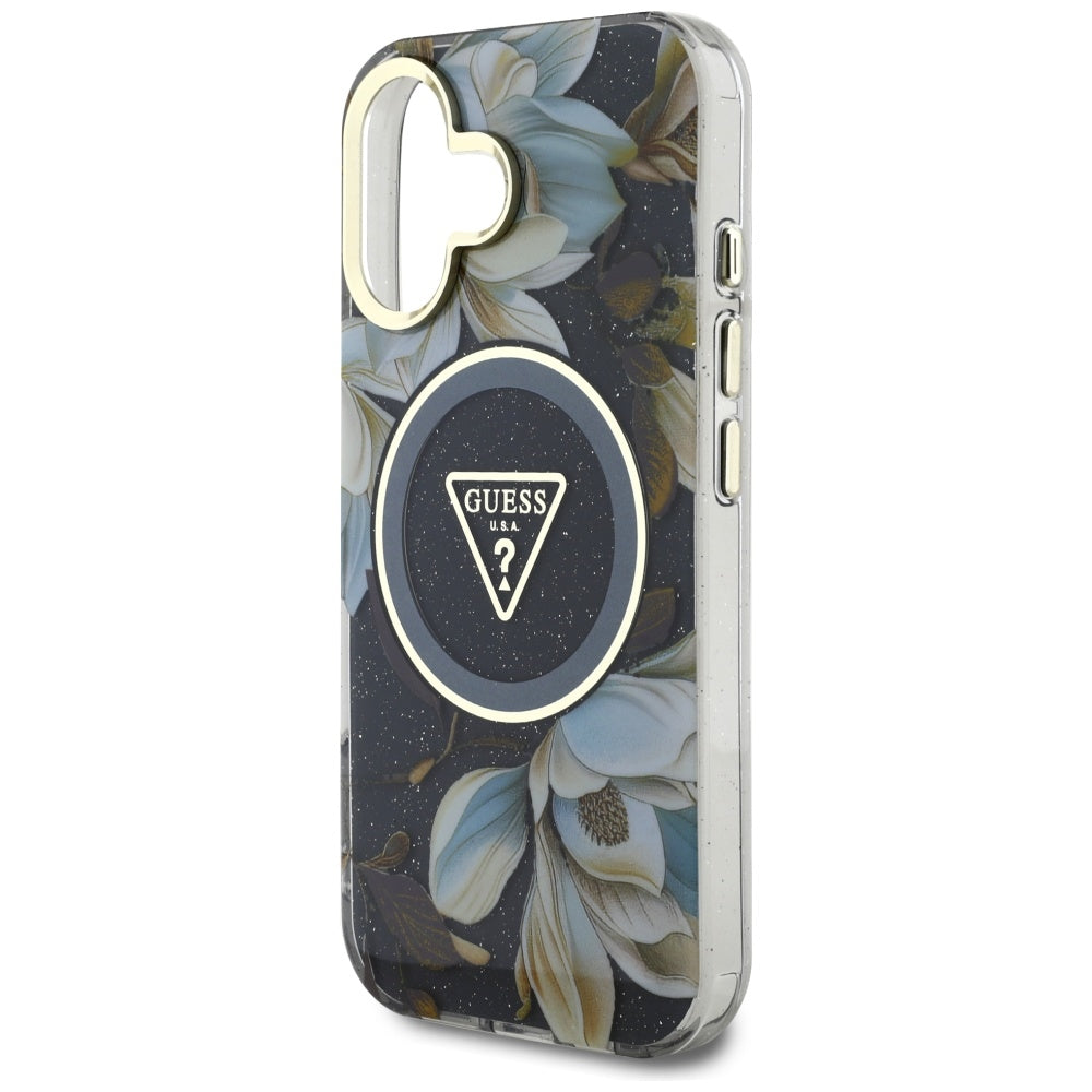 Husa MagSafe pentru Apple iPhone 16, Guess, IML Metal Glitter Flowers Triangle, Neagra