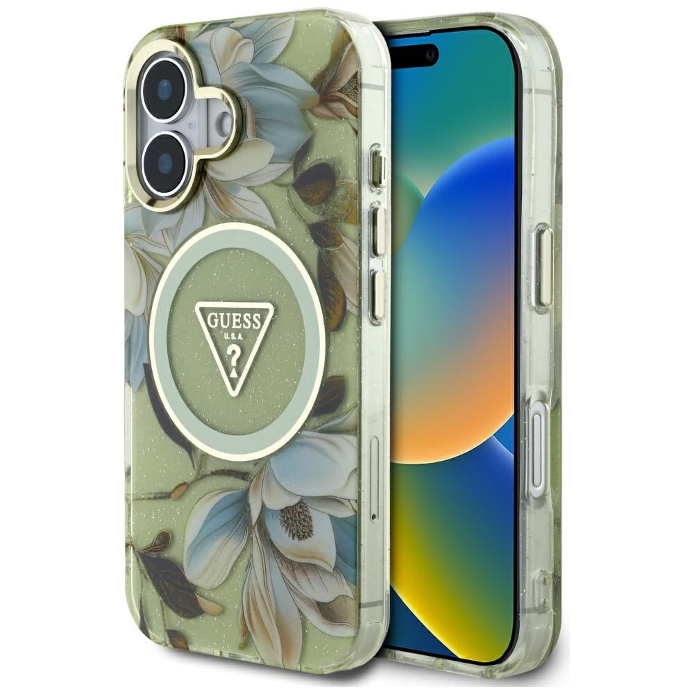 Husa MagSafe pentru Apple iPhone 16, Guess, IML Metal Glitter Flowers Triangle, Verde